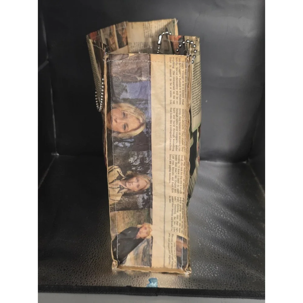 Vintage Y2K Newspaper Print Coated Tote Bag Silver Ball Chain Handle Shopper